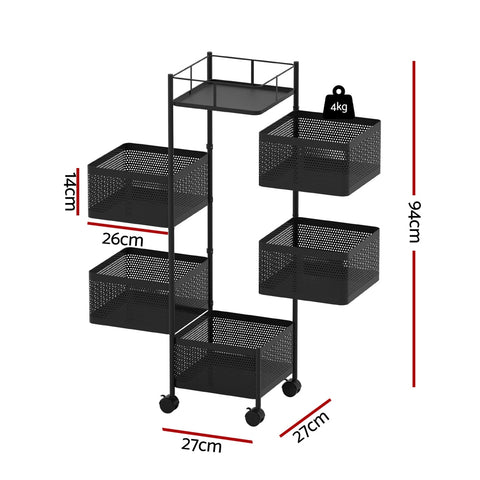 Artiss 5 Tier Black Storage Trolley Kitchen Cart Rolling Rack with Wheels