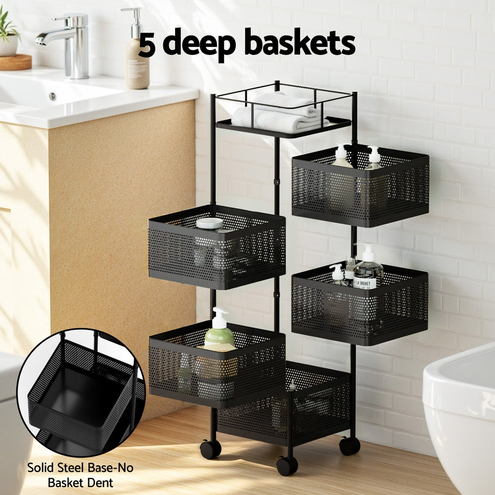 Artiss 5 Tier Black Storage Trolley Kitchen Cart Rolling Rack with Wheels