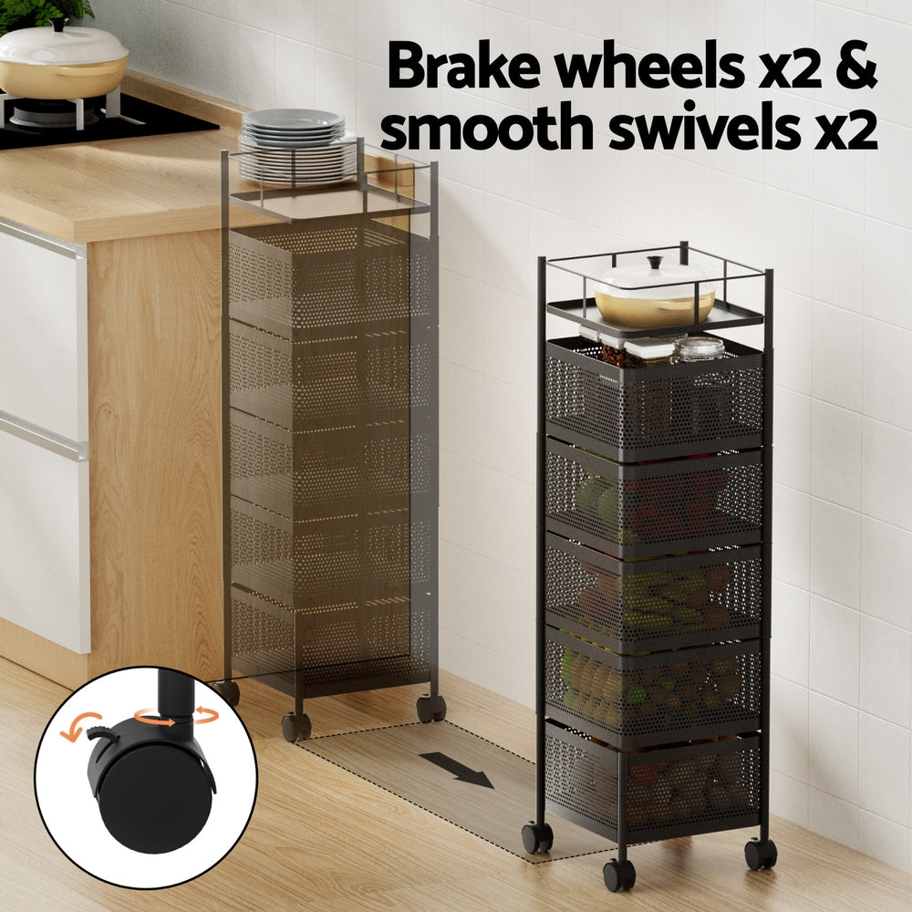 Artiss 5 Tier Black Storage Trolley Kitchen Cart Rolling Rack with Wheels