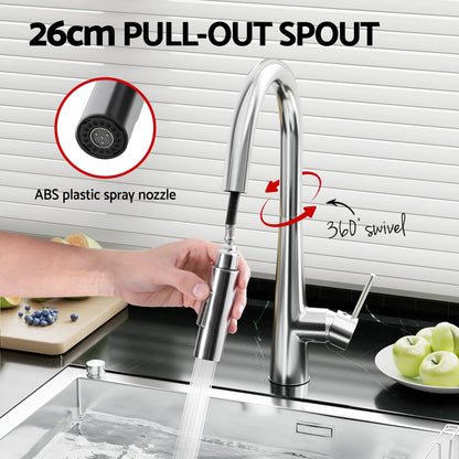 Cefito Pull-Out Round Kitchen Mixer Tap Chrome 2 Mode Sink Faucet WELS