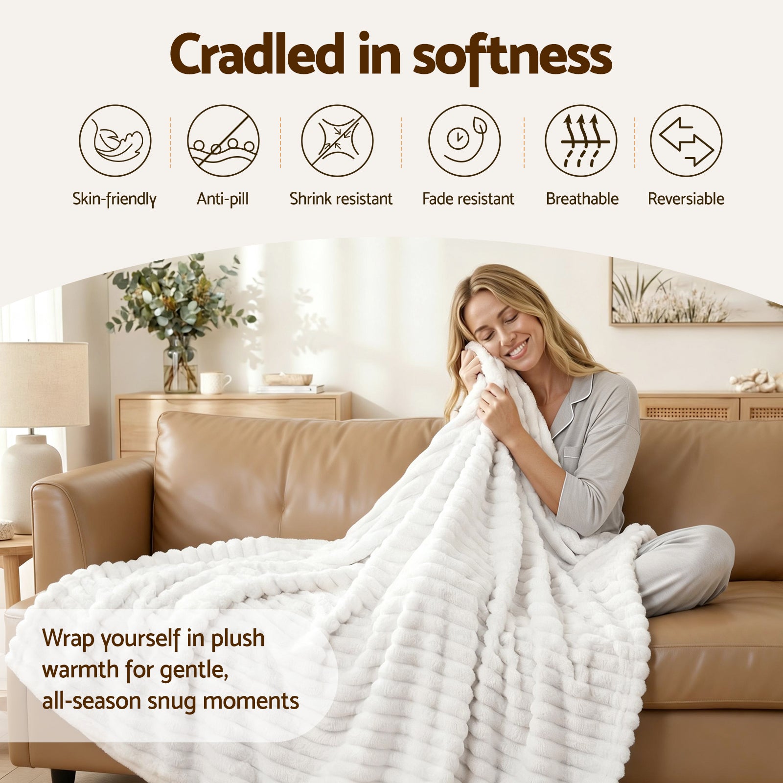 Giselle Bedding Flannel Fleece Throw Blanket – White 203 x 230cm, 285GSM