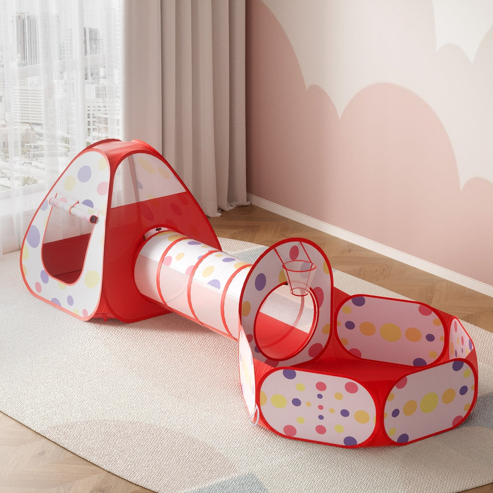Keezi Kids Playhouse Play Tent Pop Up Teepee Ball Pit Tunnel Basketball Hoop Red - SuperSaverAU - view 7