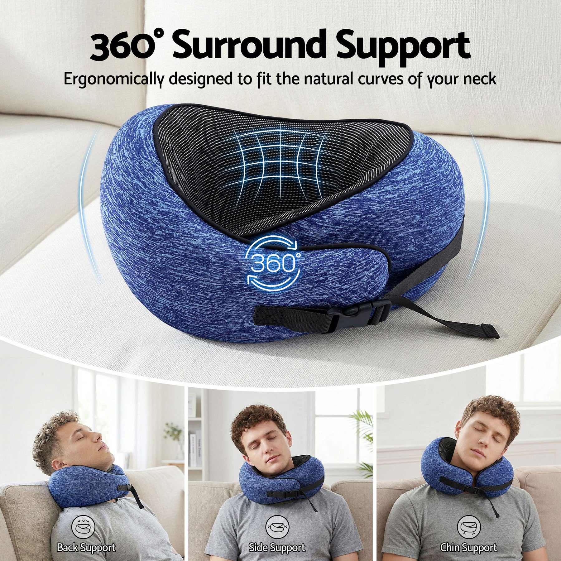 Wanderlite Ergonomic Memory Foam Travel Pillow – Blue with Washable Cover