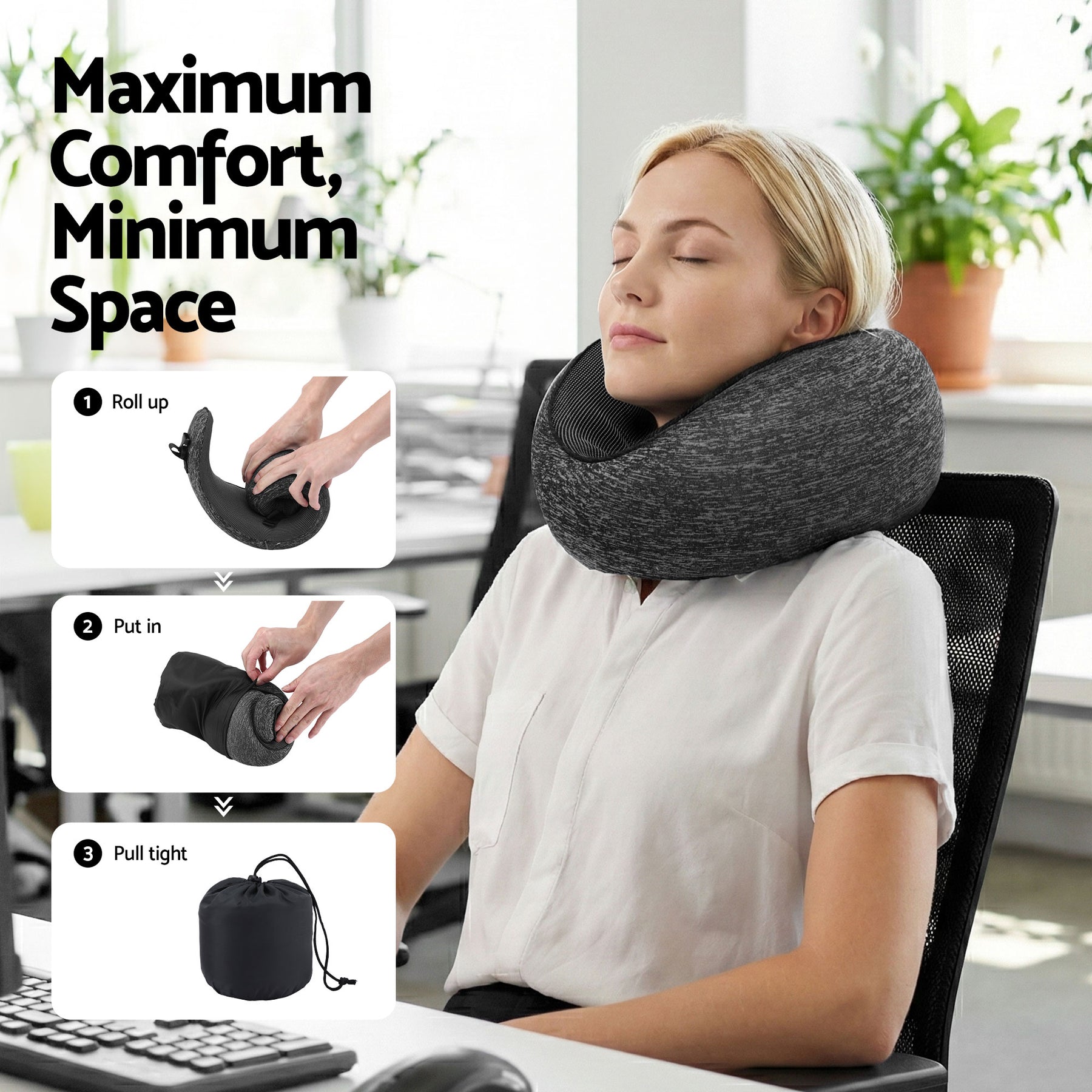 Wanderlite Ergonomic Memory Foam Travel Pillow – Dark Grey with Washable Cover