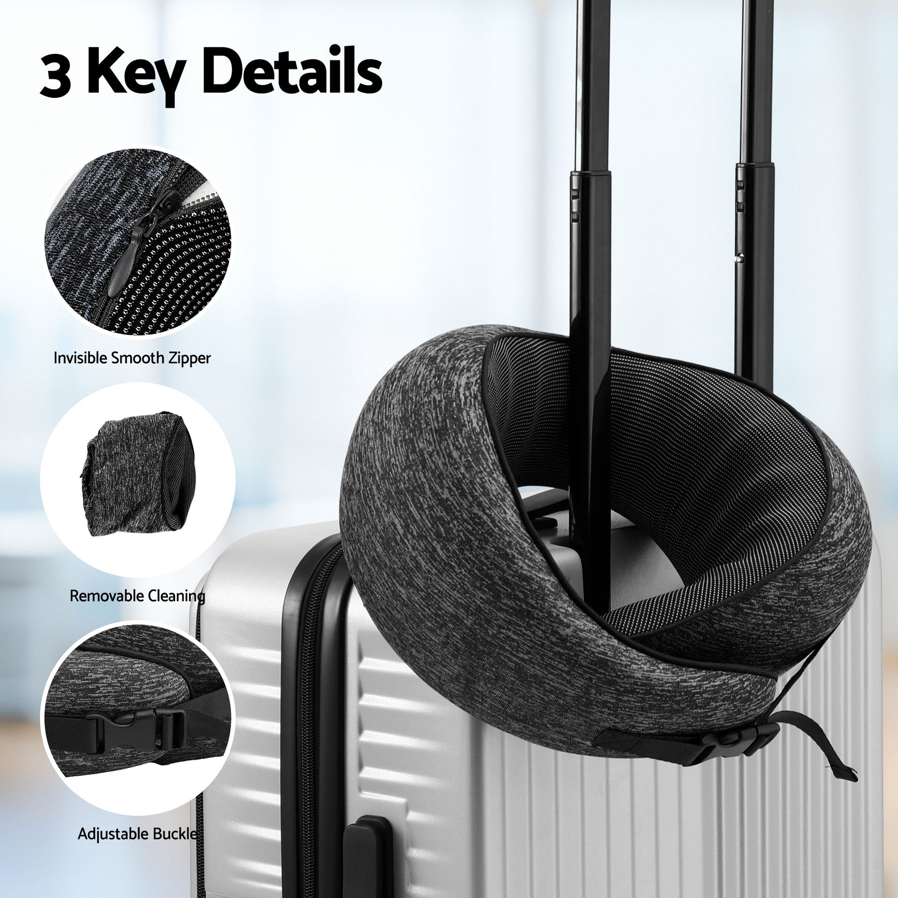 Wanderlite Ergonomic Memory Foam Travel Pillow – Dark Grey with Washable Cover