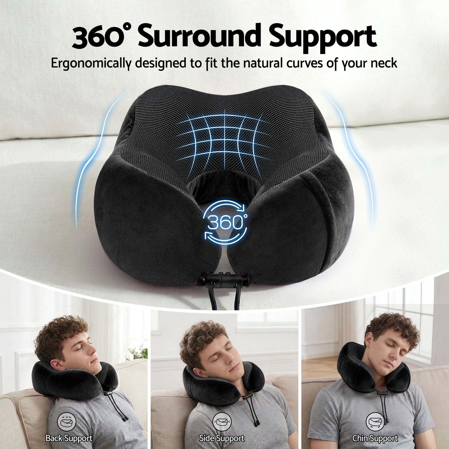 Wanderlite Memory Foam Travel Pillow – Black with Washable Cover