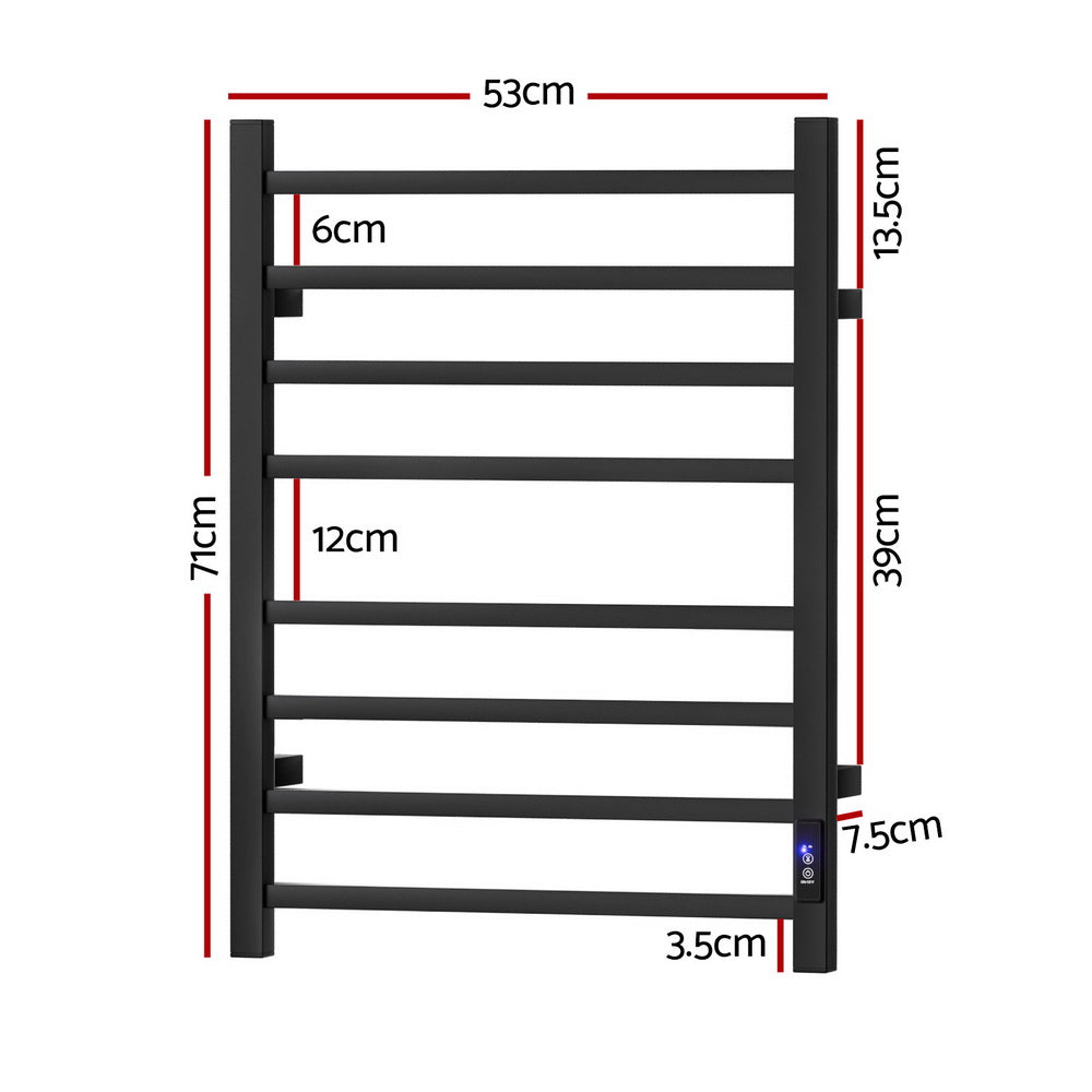 Devanti Heated Towel Rail 8 Square Bars with Timer - Black, 105W