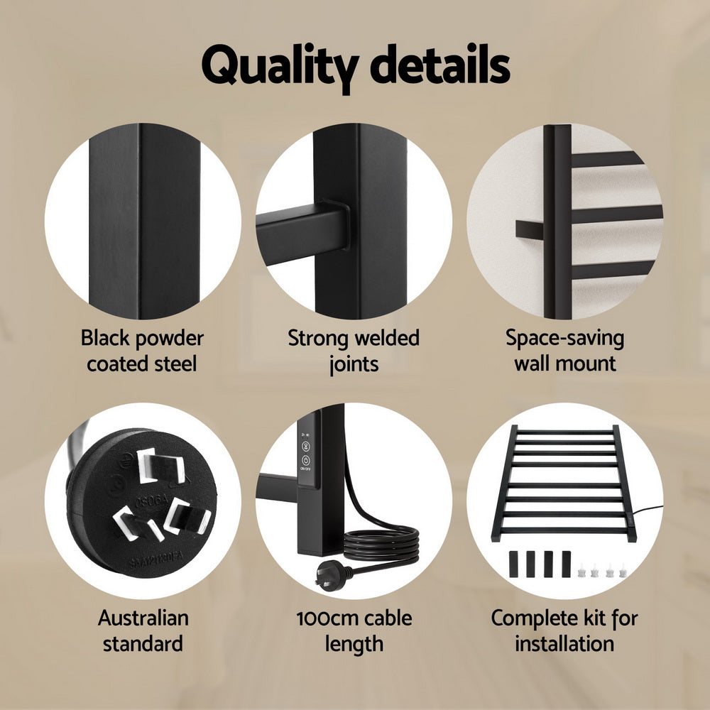 Devanti Heated Towel Rail 8 Square Bars with Timer - Black, 105W