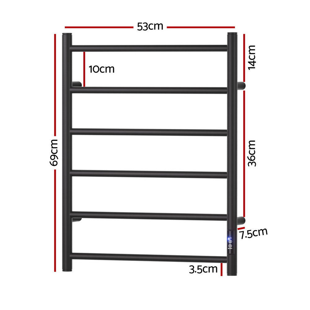 Devanti Heated Towel Rail 6 Round Bars with Timer - Black, 80W