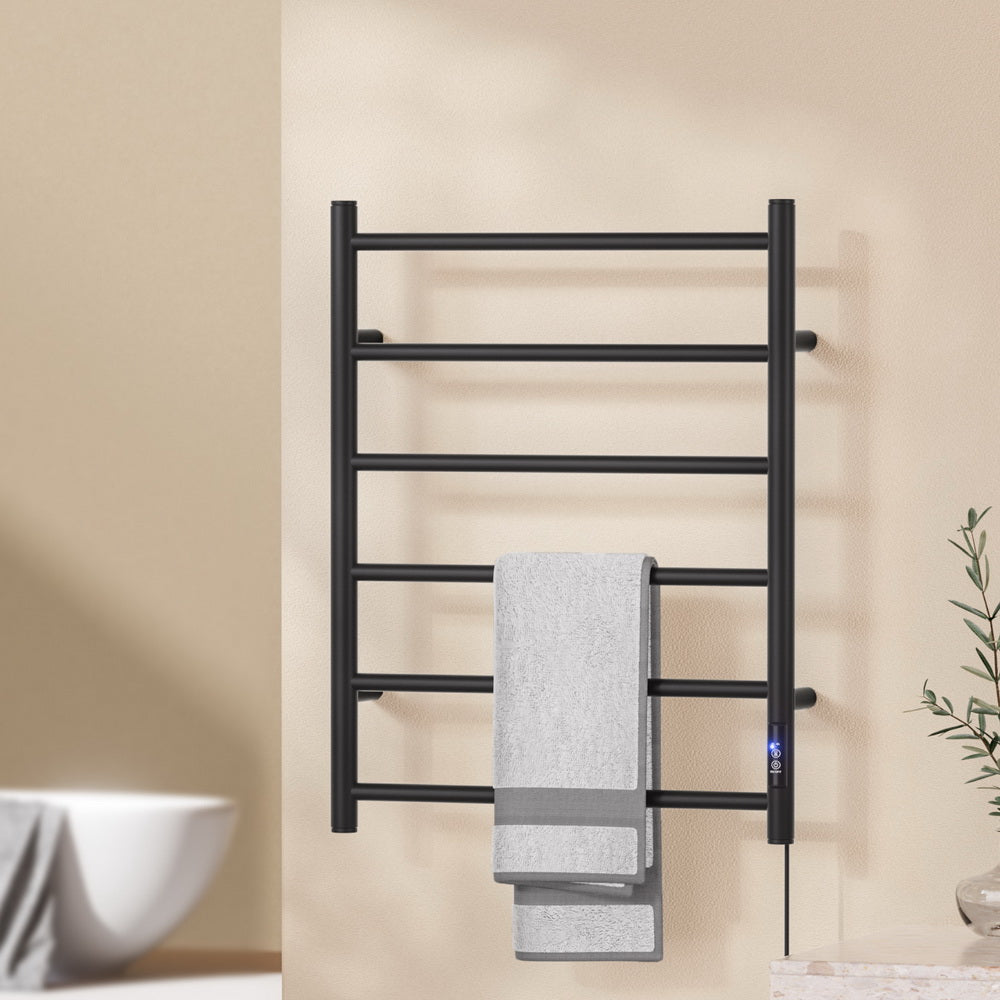 Devanti Heated Towel Rail 6 Round Bars with Timer - Black, 80W