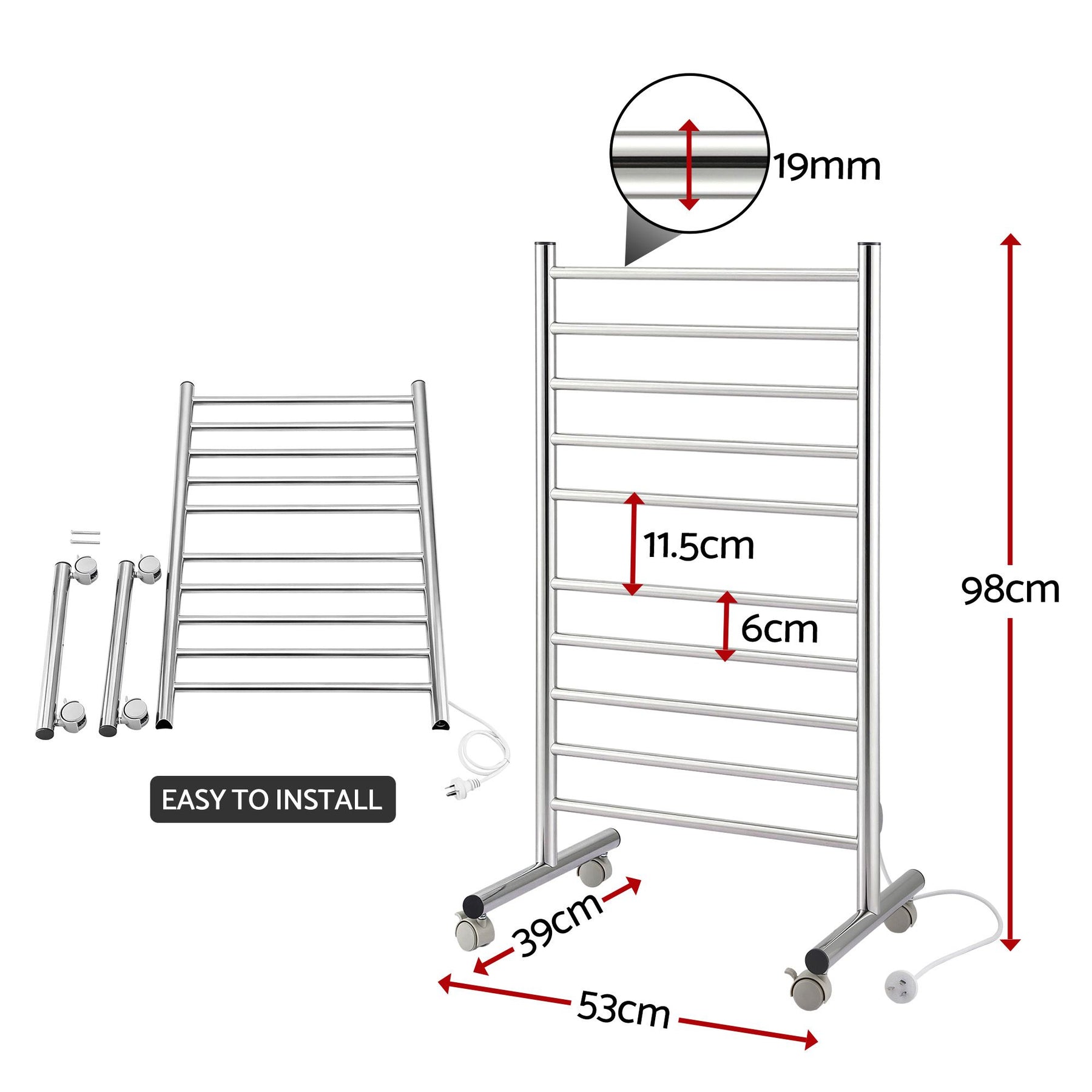 Devanti 10-Bar Freestanding Heated Towel Rail – 100W Stainless Steel, Fast Heating