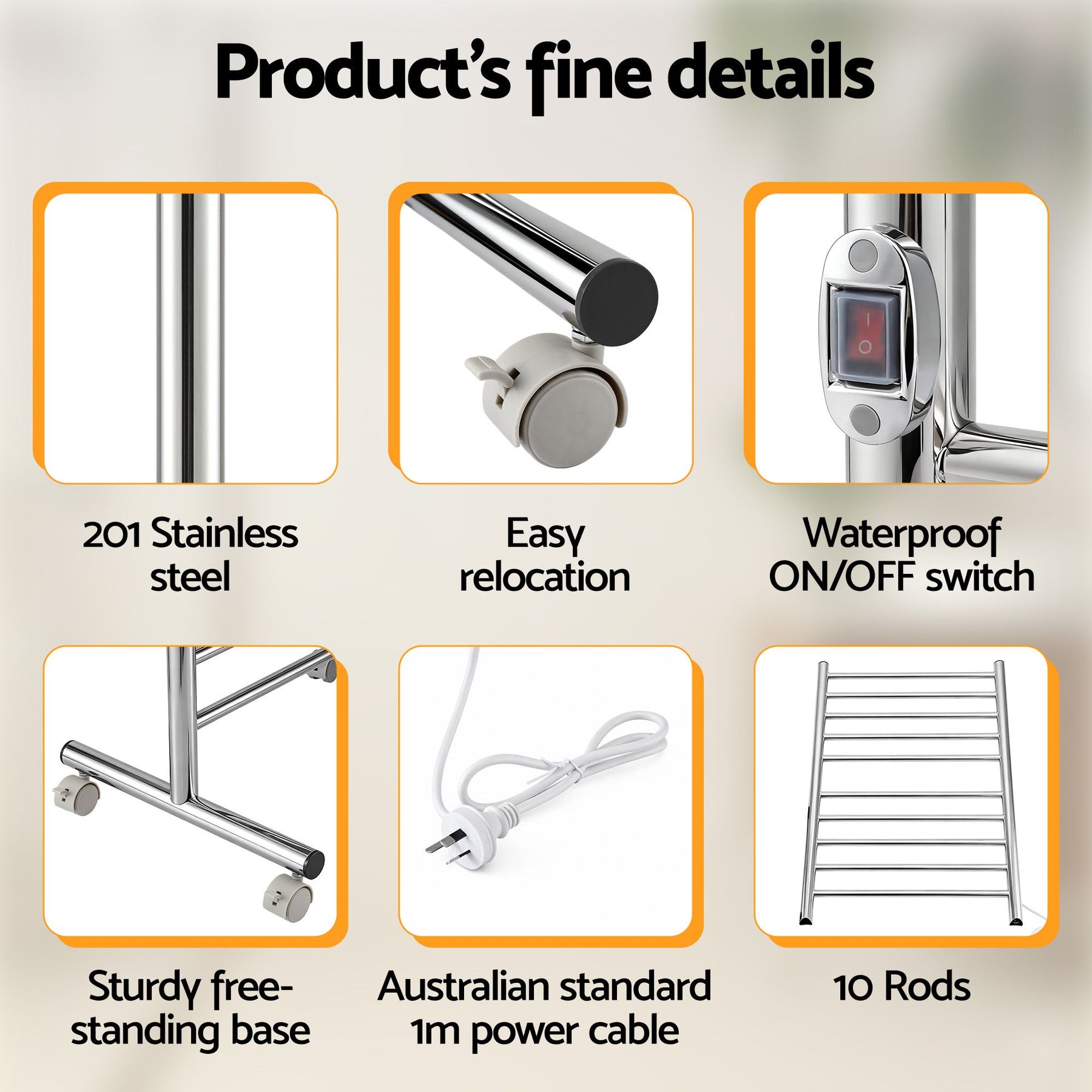 Devanti 10-Bar Freestanding Heated Towel Rail – 100W Stainless Steel, Fast Heating