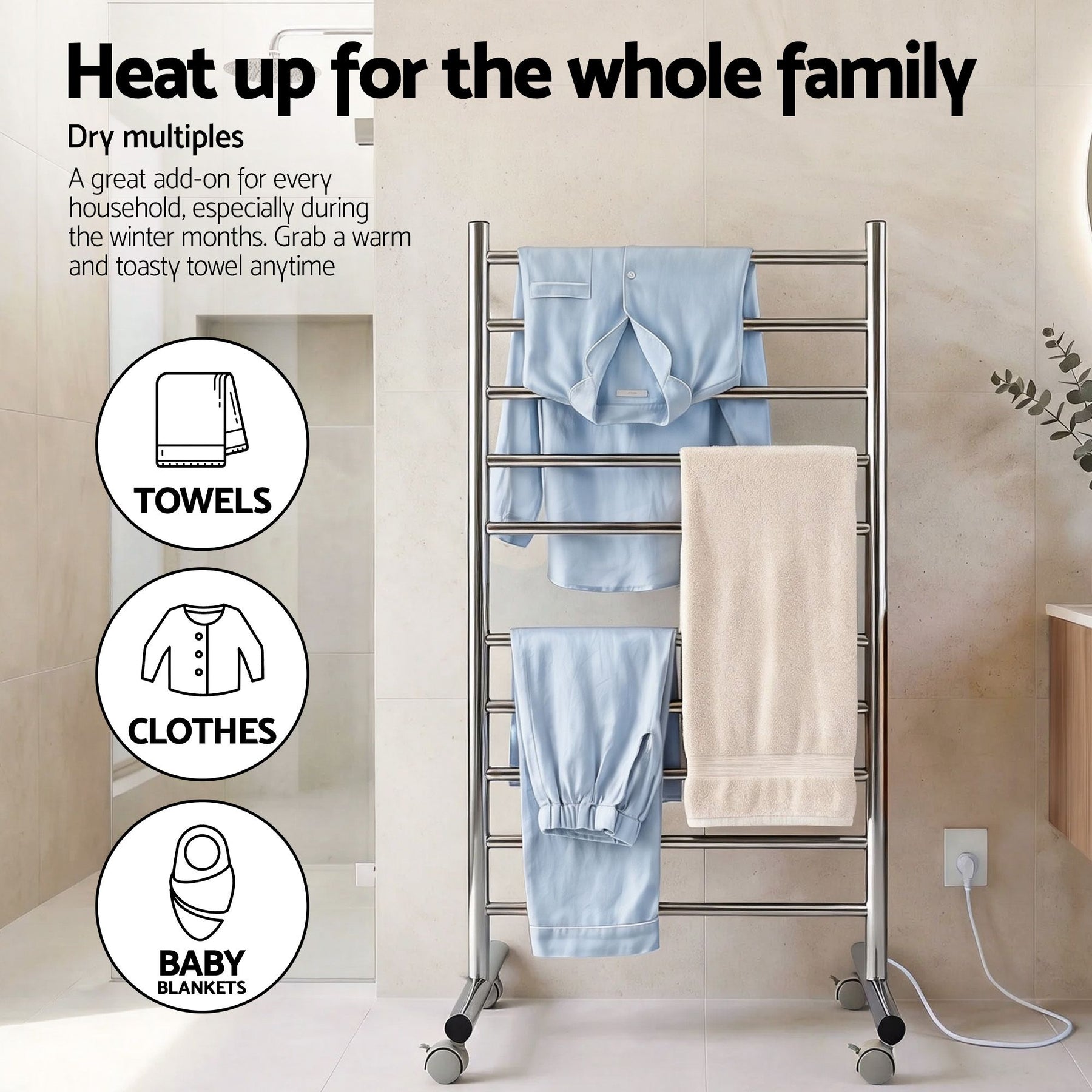 Devanti 10-Bar Freestanding Heated Towel Rail – 100W Stainless Steel, Fast Heating