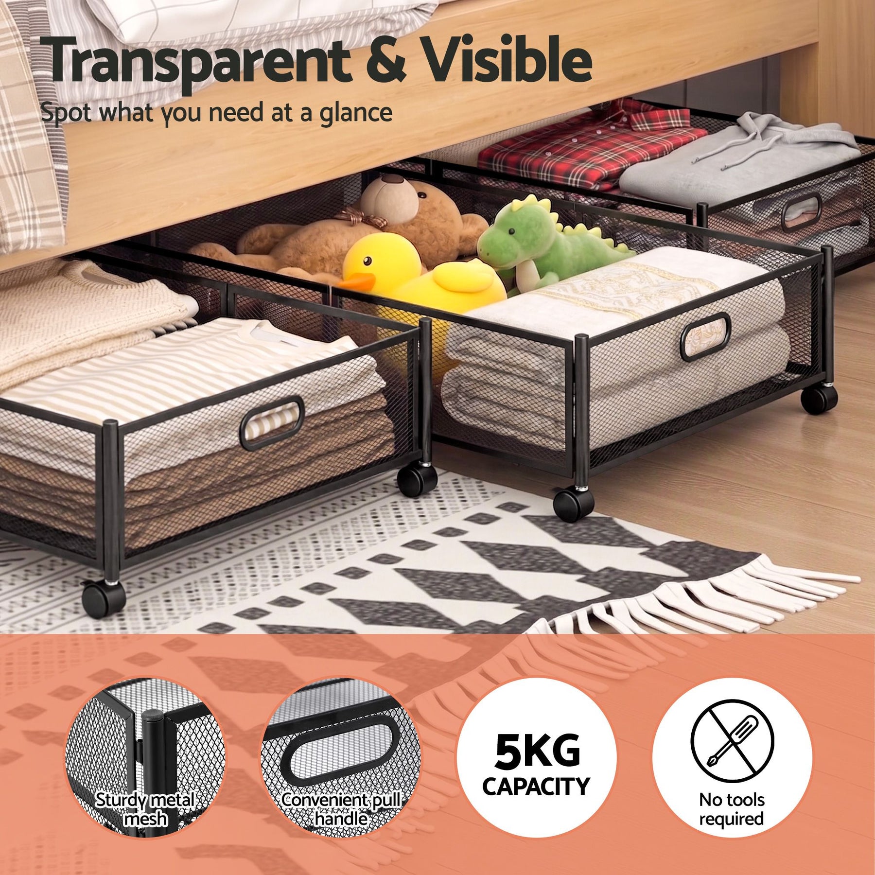 Artiss Under Bed Storage Containers – Black 2 Pack with Wheels, 60 x 40 x 16cm