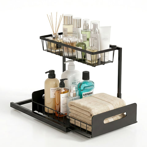 Artiss L Shape Under Sink Organiser Black Pull Out Kitchen Bathroom Storage Shelf