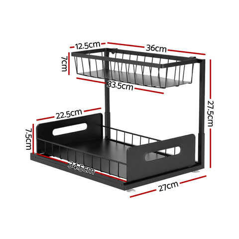 Artiss L Shape Under Sink Organiser Black Pull Out Kitchen Bathroom Storage Shelf