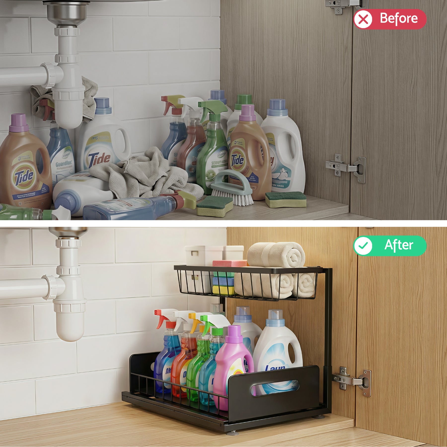 Artiss L Shape Under Sink Organiser Black Pull Out Kitchen Bathroom Storage Shelf