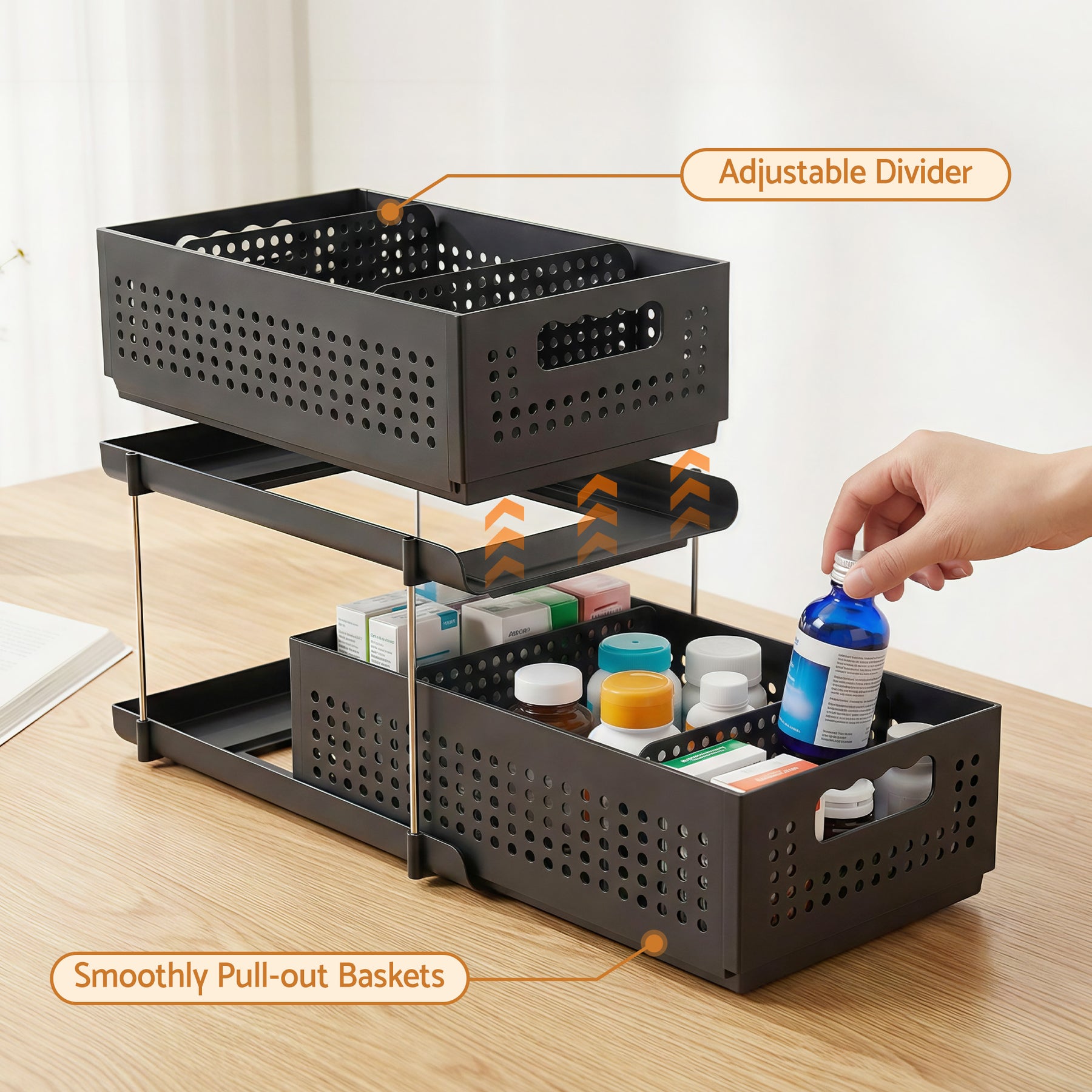 Artiss 2 Tier Under Sink Organiser Pull Out Drawer with Removable Baskets