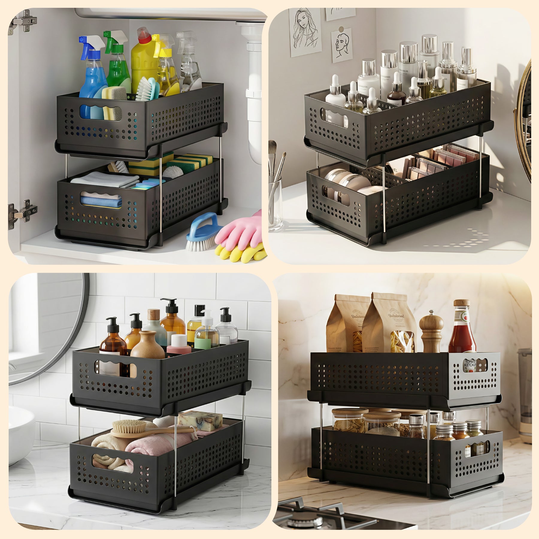 Artiss 2 Tier Under Sink Organiser Pull Out Drawer with Removable Baskets