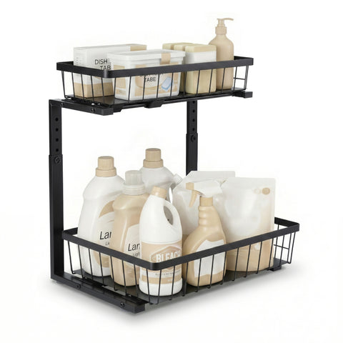 Artiss Black Under Sink Organiser with 2 Slide Out Drawers and 5 Adjustable Heights