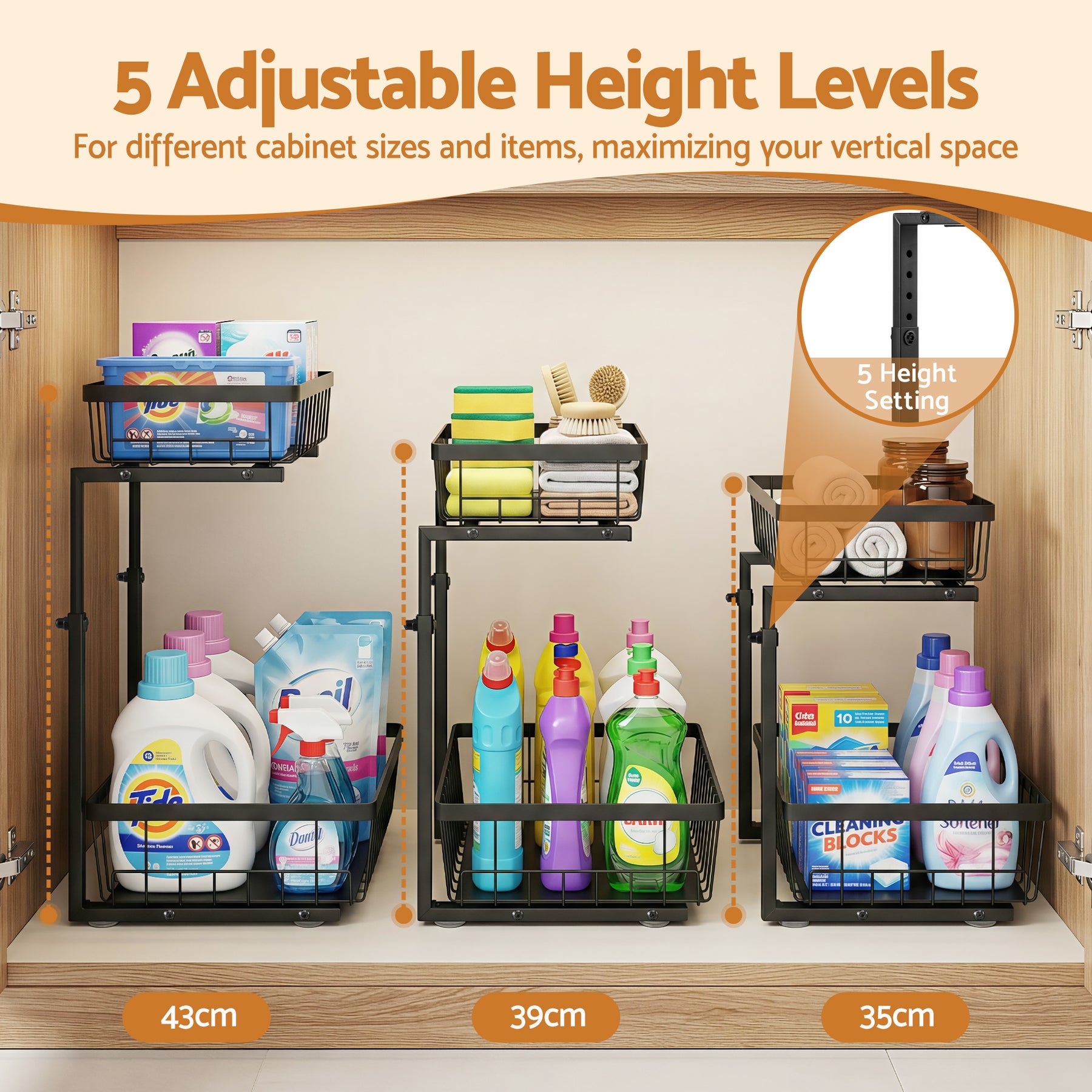 Artiss Black Under Sink Organiser with 2 Slide Out Drawers and 5 Adjustable Heights