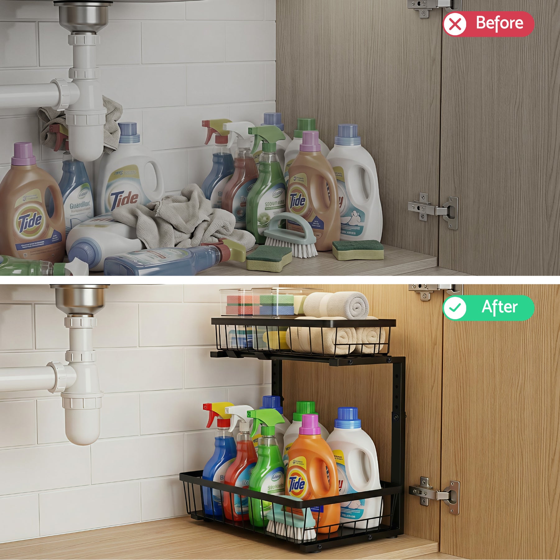 Artiss Black Under Sink Organiser with 2 Slide Out Drawers and 5 Adjustable Heights
