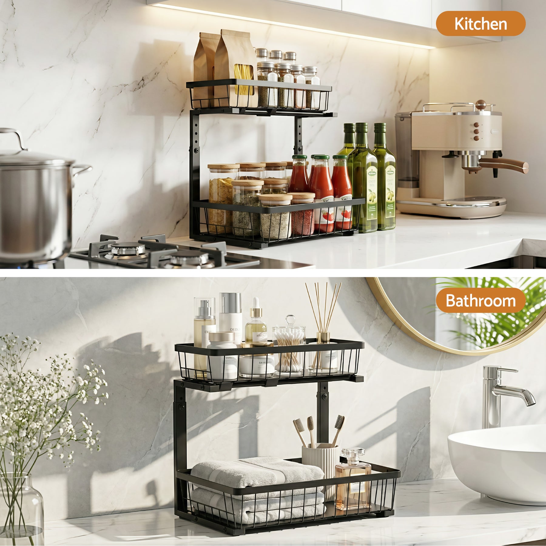 Artiss Black Under Sink Organiser with 2 Slide Out Drawers and 5 Adjustable Heights