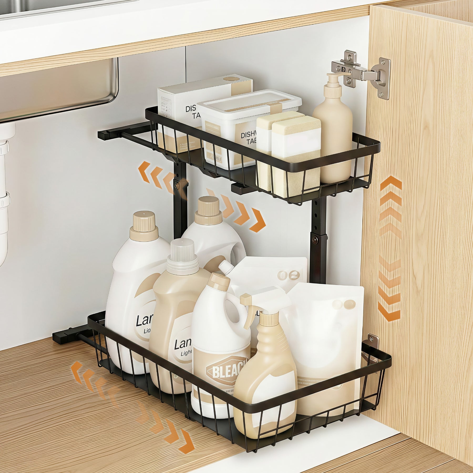 Artiss Black Under Sink Organiser with 2 Slide Out Drawers and 5 Adjustable Heights
