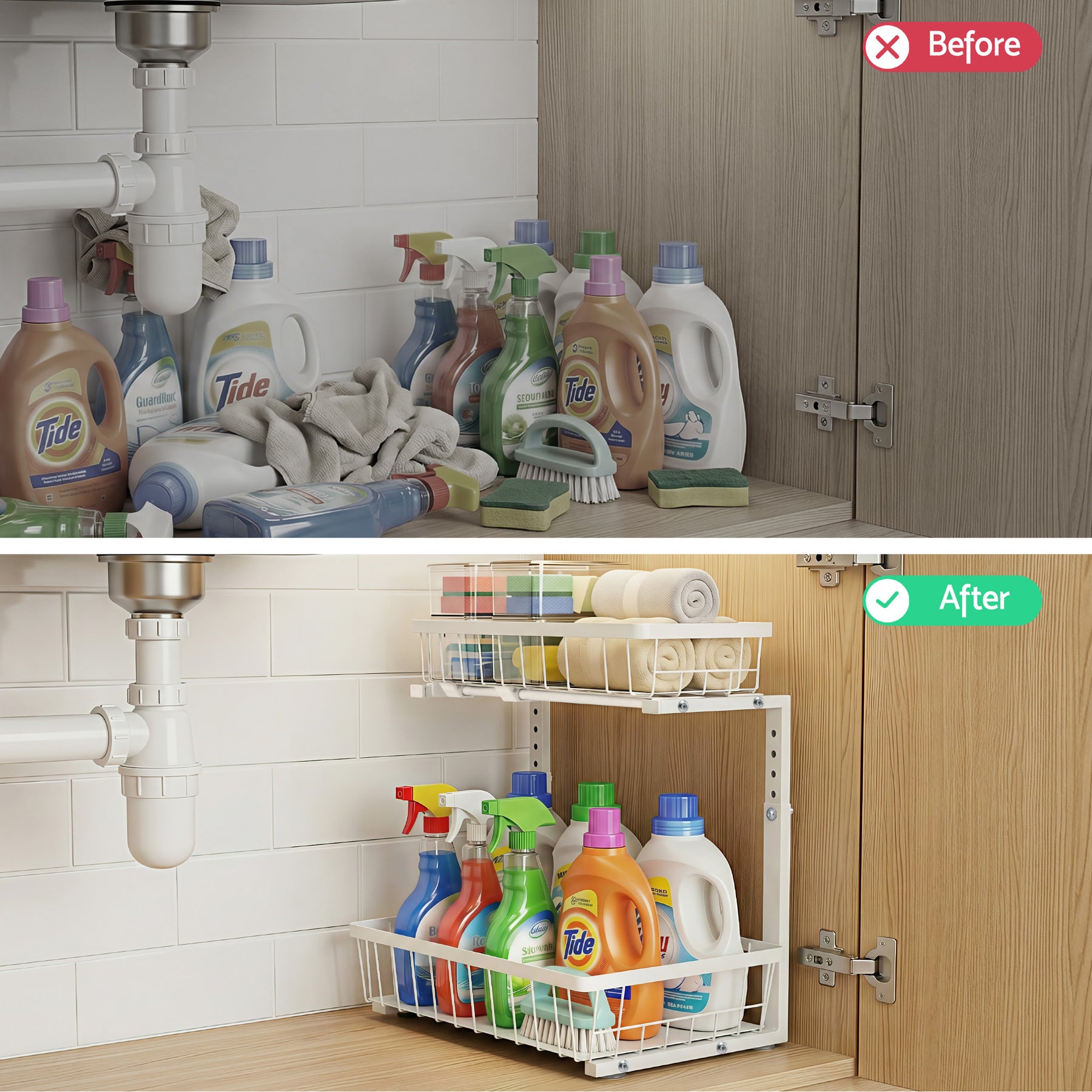 Artiss Adjustable Under Sink Organiser with 2 Slide Out Drawers Kitchen Bathroom Storage