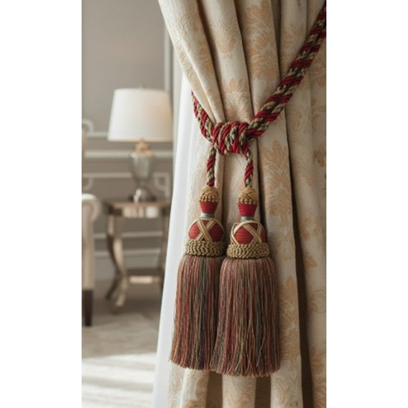 Multi Coloured Double Tassel Curtain Tieback - Terracotta, Green, Gold