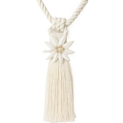 Edelweiss Tieback - 35cm Cord, 25cm Tassel, White Rope with Ceramic Flower