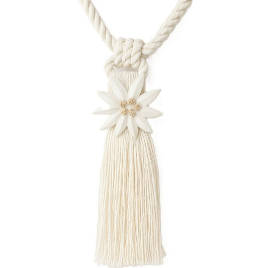 Edelweiss Tieback - 35cm Cord, 25cm Tassel, White Rope with Ceramic Flower