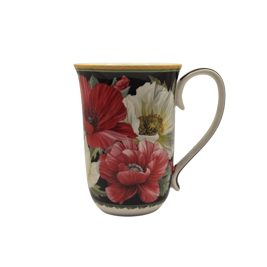 Premium Poppies Fine Bone China Mug – Black Floral 405ml