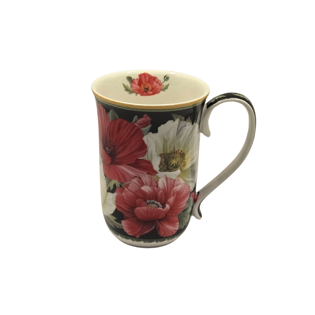 Premium Poppies Fine Bone China Mug – Black Floral 405ml