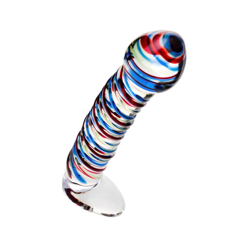 Sexus Glass Dildo Stripes with Base - Blue/Red - 16Cm