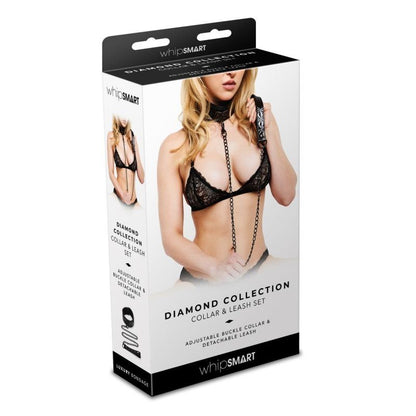 Whip Smart Diamond Collar & Leash Set - Black, Faux Leather