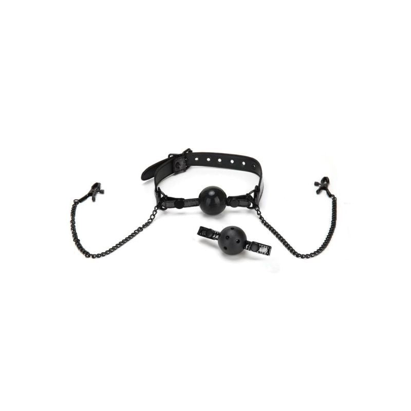 Whip Smart Diamond Ball Gag with Nipple Clips - Black