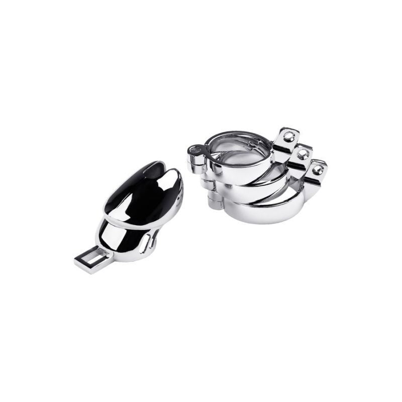 Metal Silver Chastity Cage with Adjustable Rings and Brass Padlock