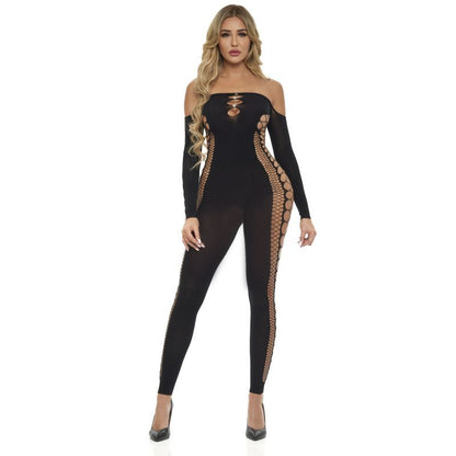Pink Lipstick Diamond Drippin Bodystocking Black - Off-Shoulder Design