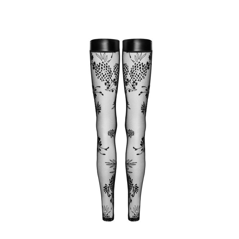 Noir Tulle Stockings - Flock Embroidery & Power Wetlook Band - Black