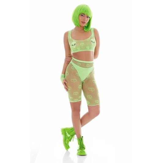 Green Mesh Bodysuit Set With Alien Pasties - Festival Outfit