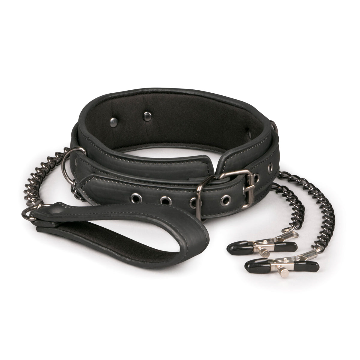 Fetish Collection Collar with Nipple Chains - Black Faux Leather