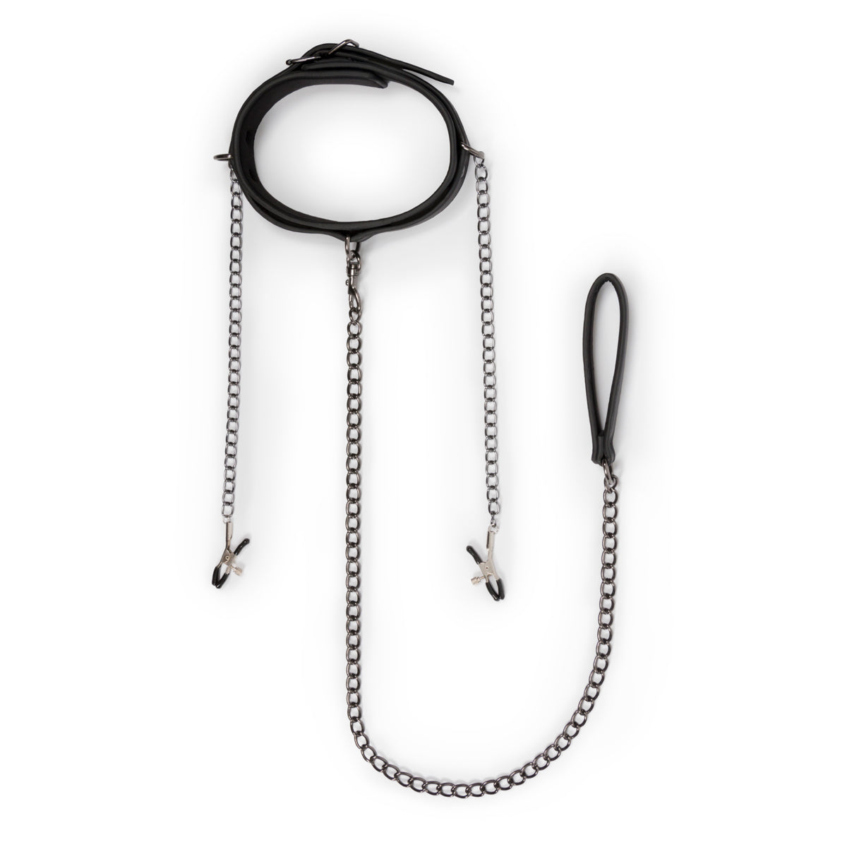 Fetish Collection Collar with Nipple Chains - Black Faux Leather