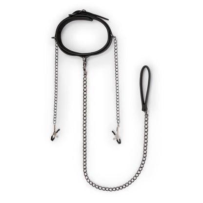 Fetish Collection Collar with Nipple Chains - Black Faux Leather