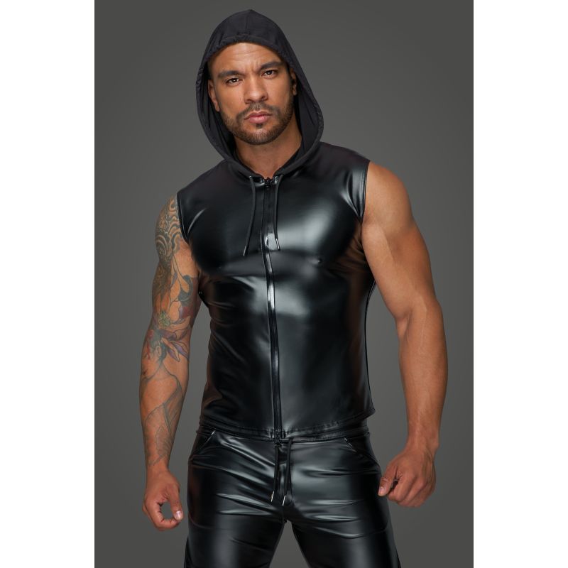 Powerwetlook Sleeveless Hooded Shirt with 2-Way Zipper – Men's Fetish Wear