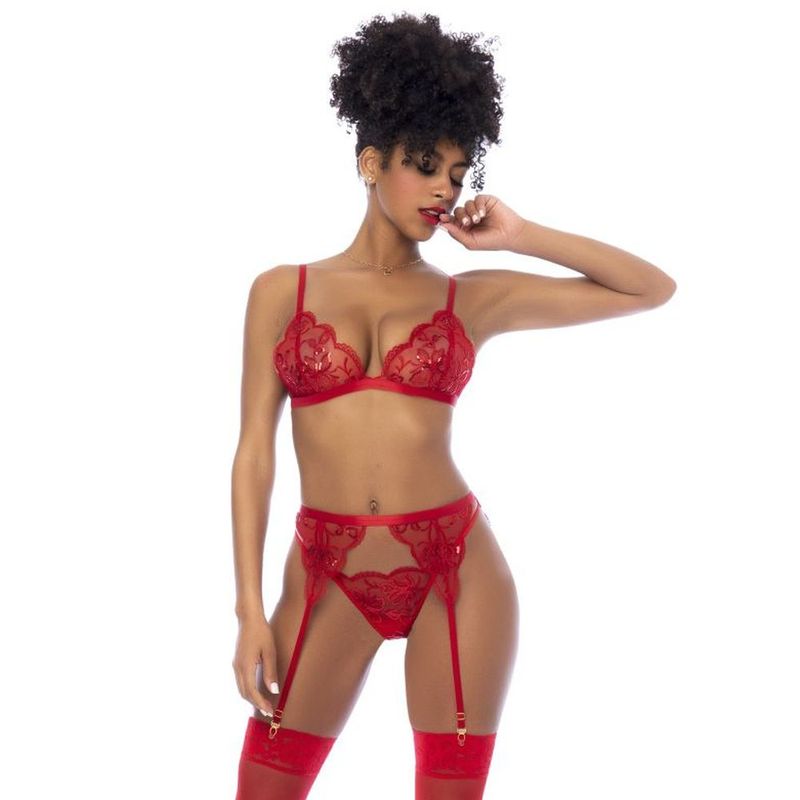 Red 3-Piece Lingerie Set with Bralette, Garter Belt, and Thong