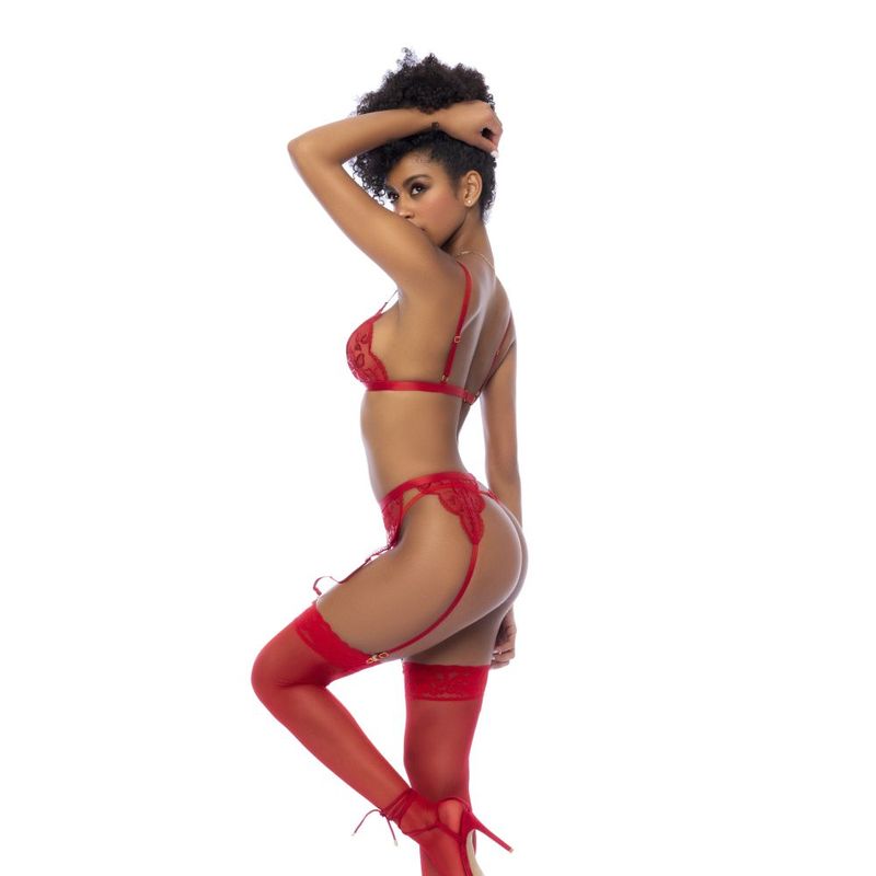 Red 3-Piece Lingerie Set with Bralette, Garter Belt, and Thong