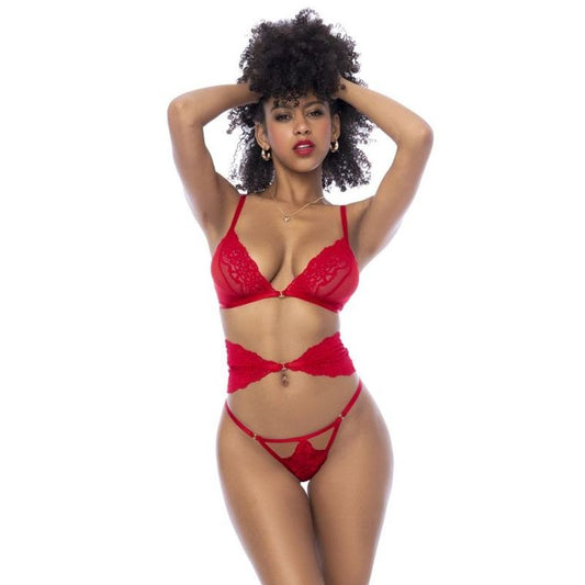Red Lace 3-Piece Lingerie Set - Bra, Corset, and Thong