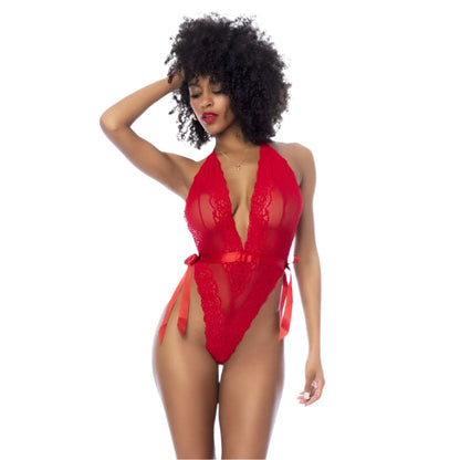 Red Lace Bodysuit with Side Ties - Adult Use Only