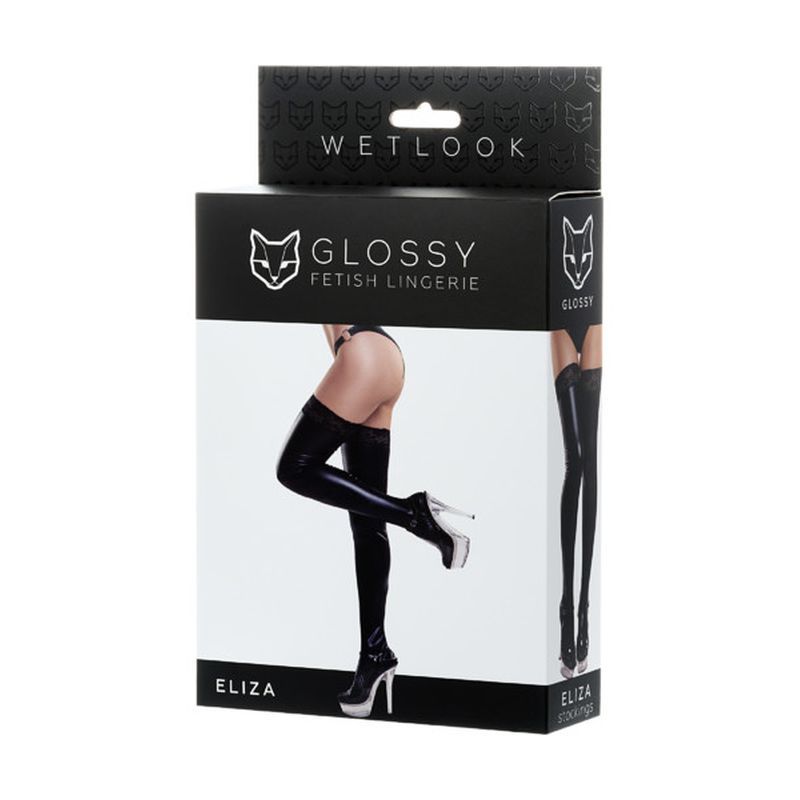 Eliza Glossy Wetlook Thigh-High Stockings with Lace Insert - Black - Large